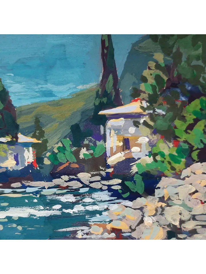 Harbour Sea Breeze Painting 5x7" ORIGINAL ART Impressionist Gouache Small Artwork Signed by artist Marina Chuchko