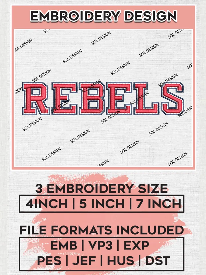 NCAA Rebels College Team Wordmark Logo Embroidery Design Files, NCAA Ole Miss Rebels Machine Embroidery, NCAA Teams, 3 sizes, NCAA Machine embroidery designs, Digital Download