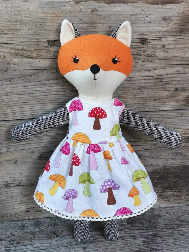 Orange fox girl, wool plush doll, handmade fabric fox toy