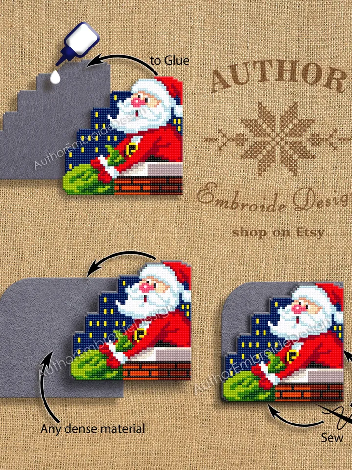 Christmas corner bookmark cross stitch pattern PDF download Santa on the roof cross stitch chart, Christmas bookmark pattern digital #B393