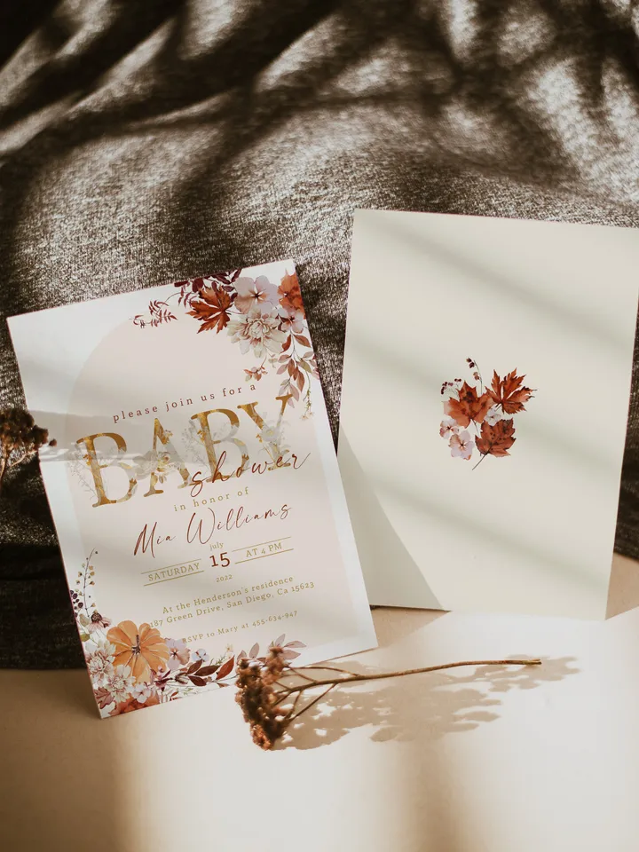 Rustic Autumn Baby Shower Invitation; Boho Flowers Baby shower; Little Pumpkin baby shower; editable template canva; Fall; Autumn; Pumpkin