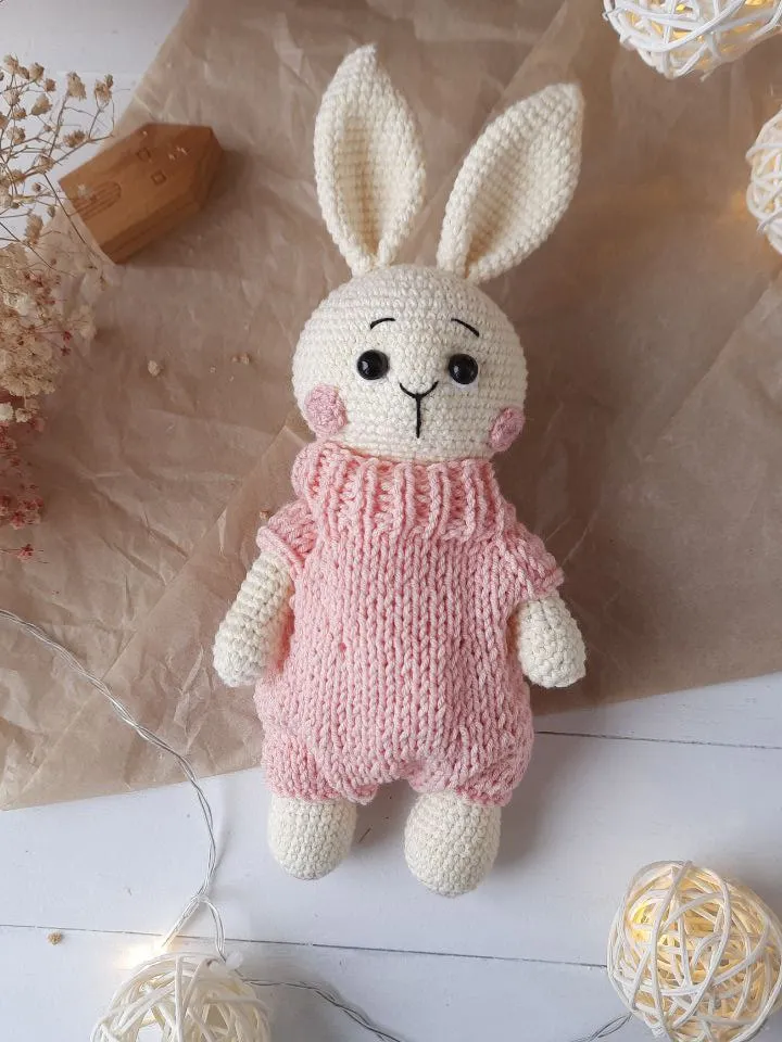 Stuffed bunny toy in pink clothes for nursery gift. Handmade Organic baby toys. Plush toys for baby