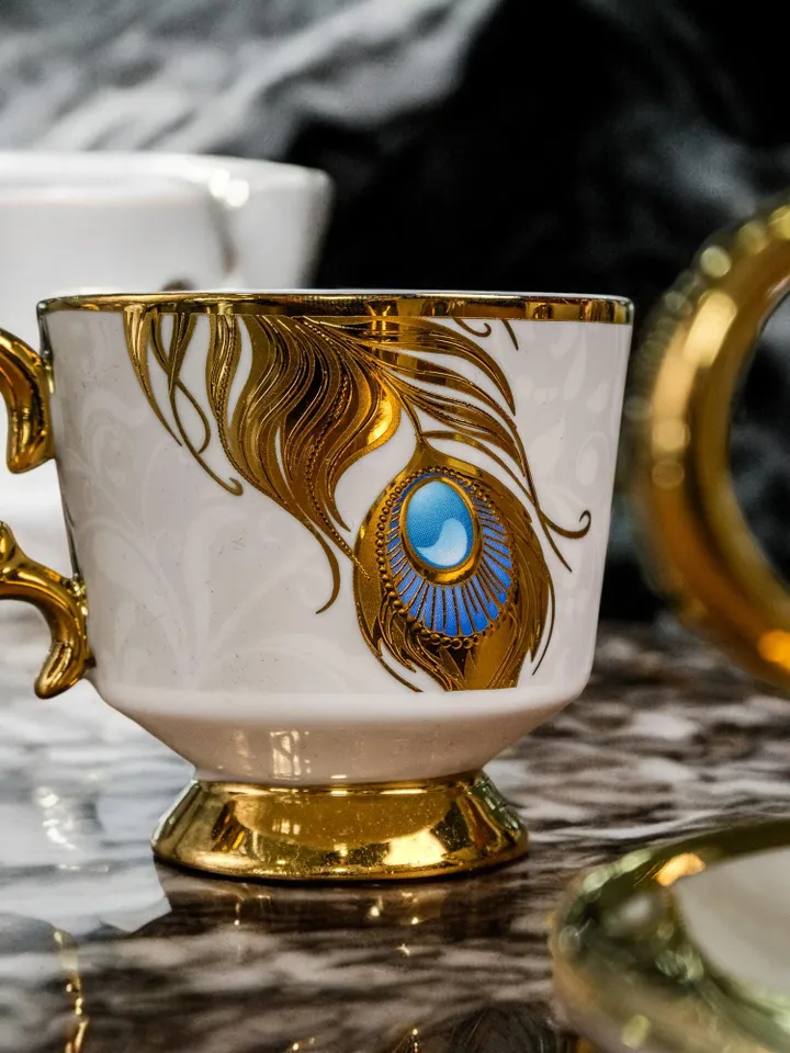 14K Gold Powder Peacock Porcelain Tea Cups And Saucers | Tea Cups Saucers Set | Gold Porcelain Set | Elegant Teaware | Gift For Tea Lovers