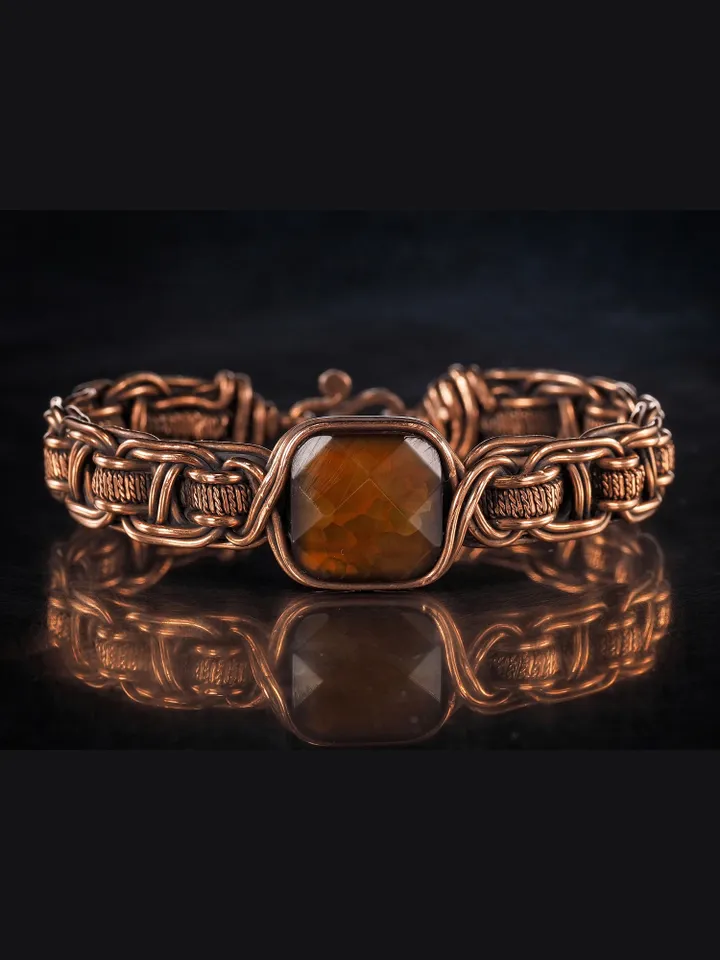 Copper wire wrapped brown agate bracelet Unique woven copper wire bangle