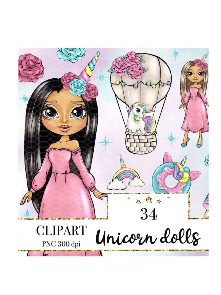 Excellent Unicorn Girl Clipart, Unicorn Doll Clipart, Cute Girl Clipart, Various Hair Color Girls, Cute Planner Stickers, Unicorn PNG Planner