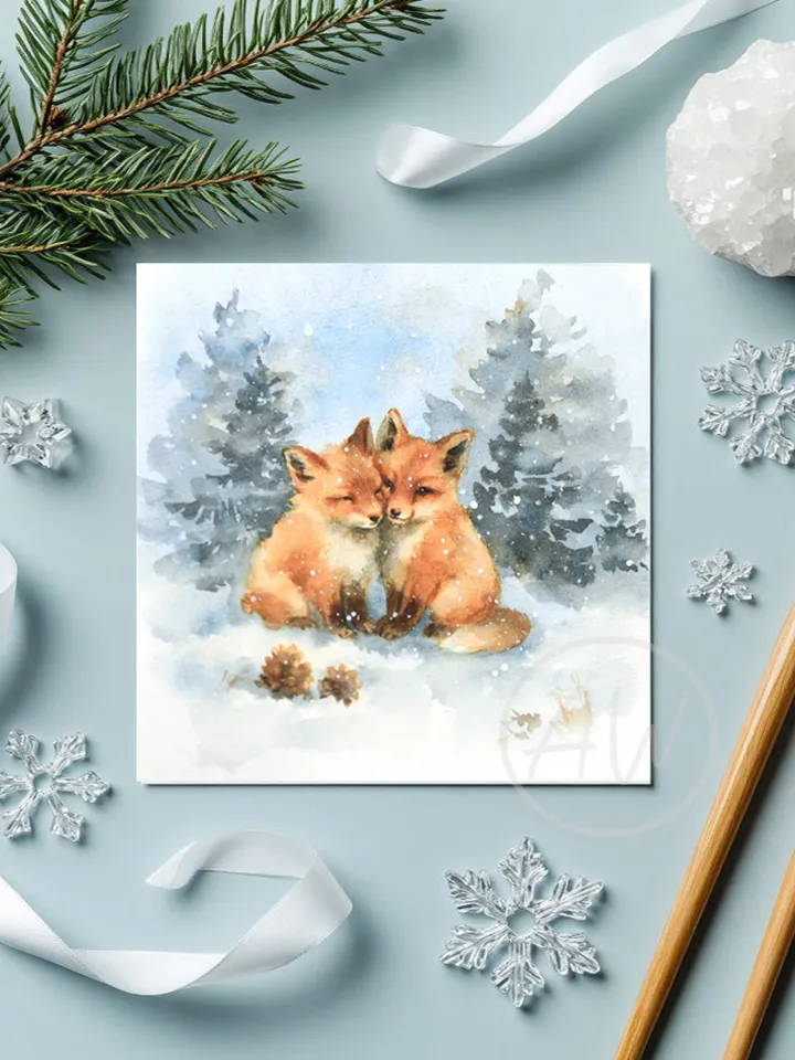 Two fox cubs in a snow / watercolor
