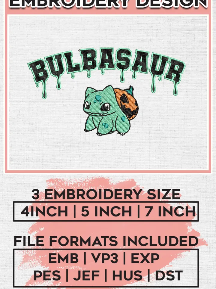 Bulbasaur Pumpkin Halloween Drop Name Embroidery designs, Halloween Machine embroidery designs, Pokemon Embroidery files, Machine Embroidery Digitized Pes Files, Digital Download