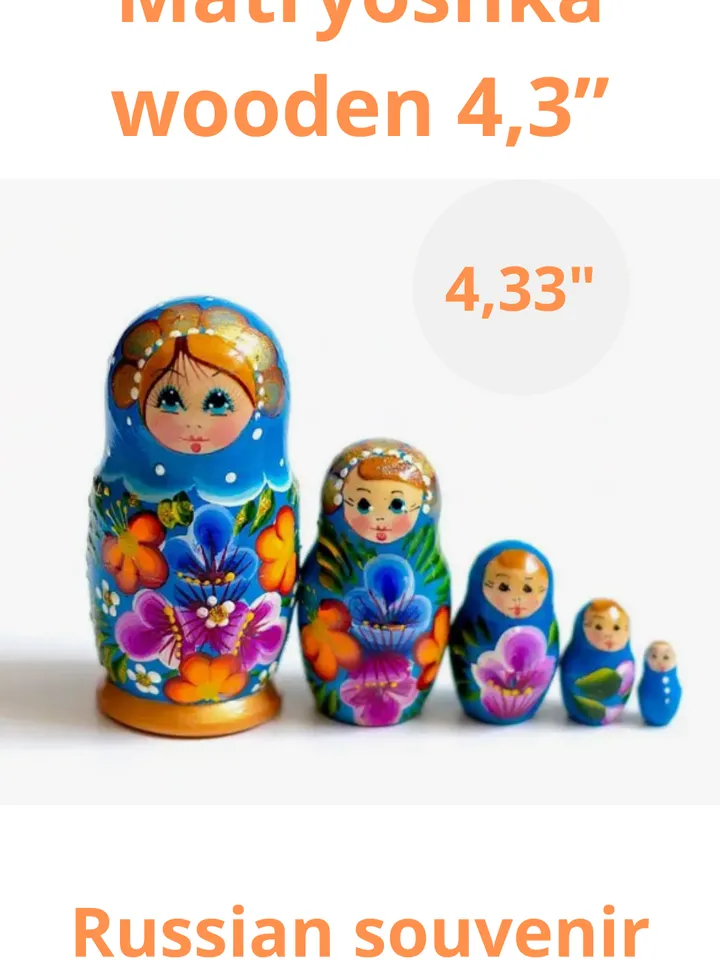 Matryoshka wooden 4,3” souvenir. Set of 5 dolls in 1.