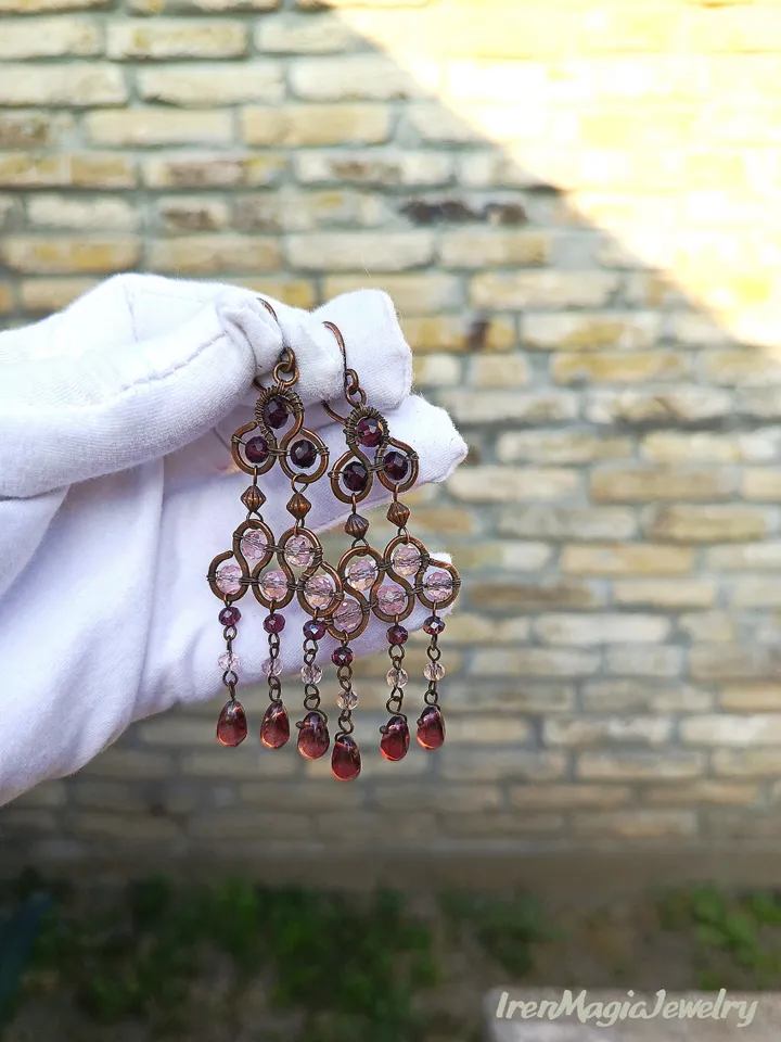 Handmade Copper Boho Earrings with Pink and Burgundy Beads