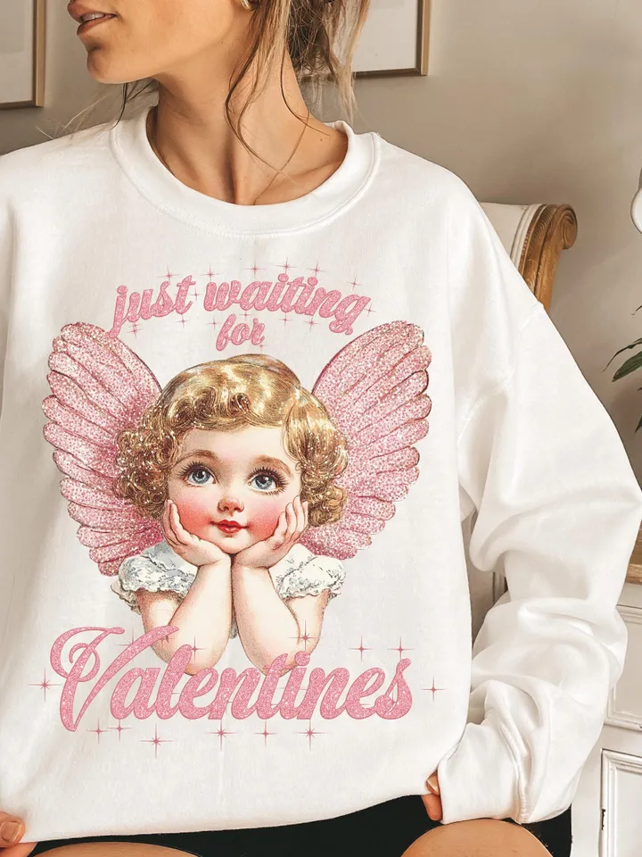 Just Waiting For Valentine's Png, Retro Valentine Shirt Design, Gold Glittered Cupid, Valentine's Day Png, Valentine Love Png Digital