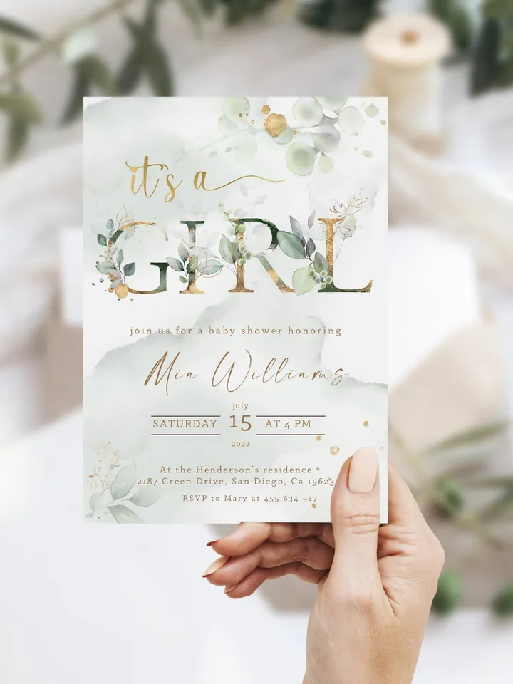 It's a Girl Baby Shower Invitation Template; Greenery Girl baby shower; Green Gold Leaves Baby Girl Invite; Botanical Eucalyptus Baby Shower