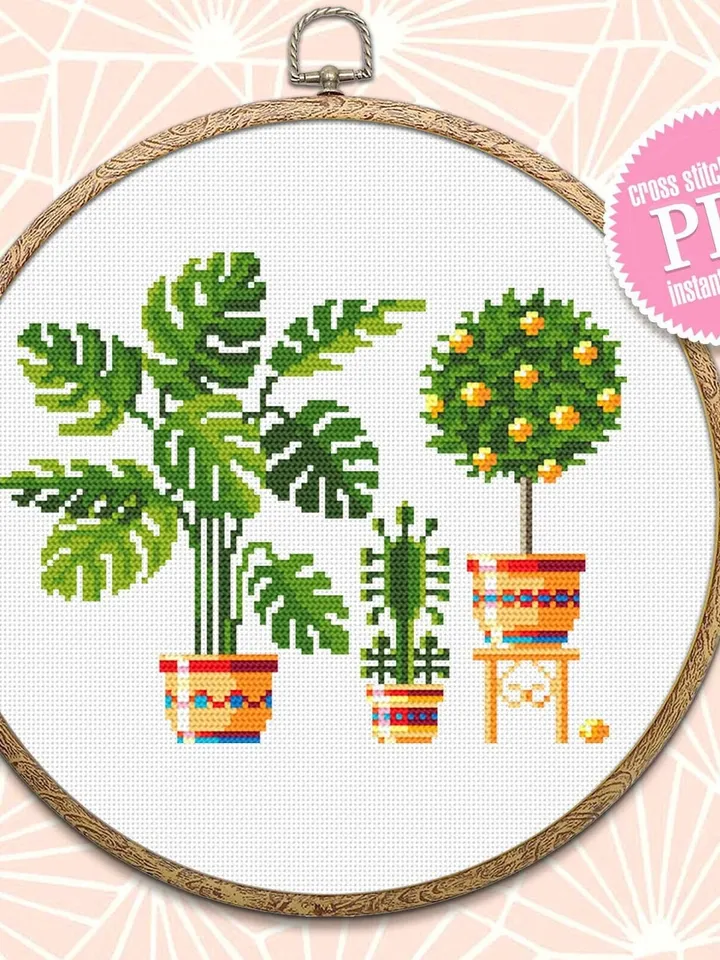 Home plants cross stitch pattern download PDF Floral cross stitch chart, Easy small cross stitch sampler, Monstera leaf, Lemon Tree #P16