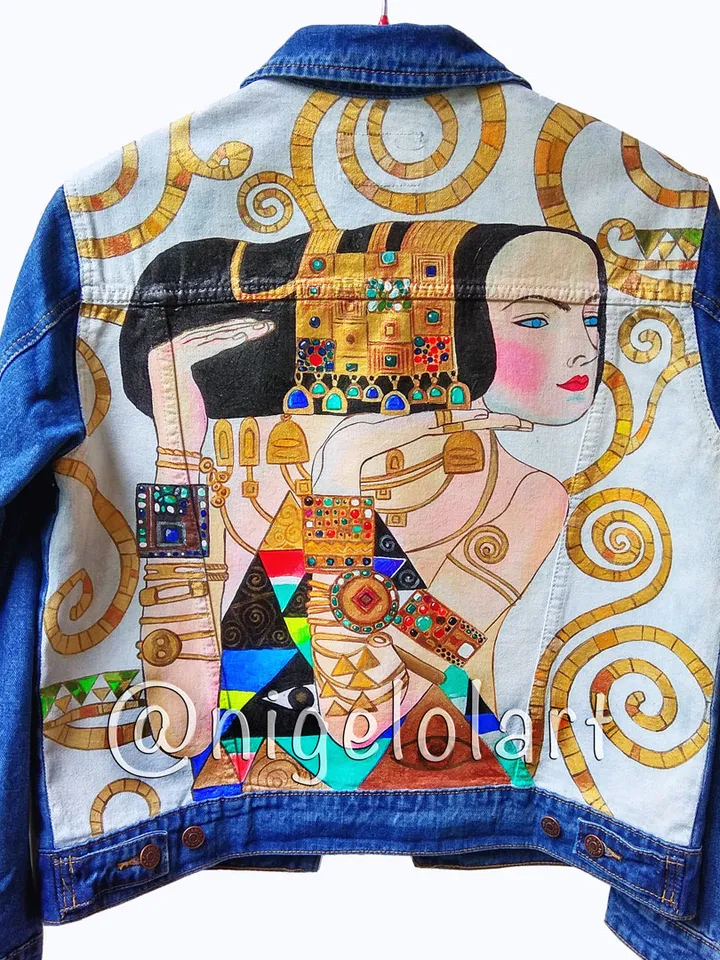Gustav Klimt Painted Denim Jacket Custom personalized order gift for her