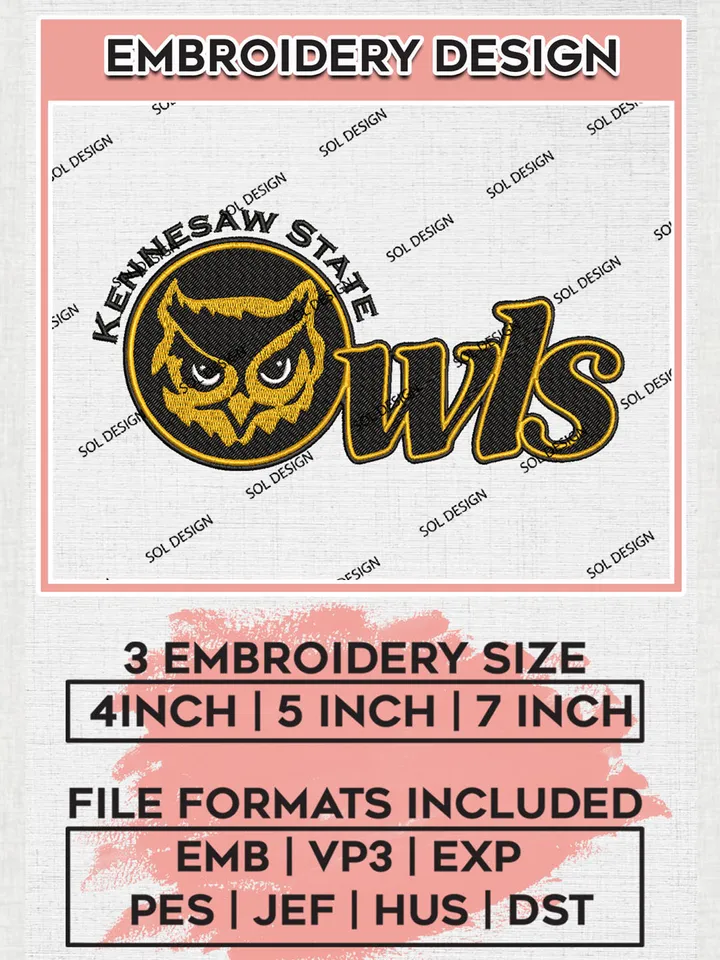 Kennesaw State Owls Team Mascot Logo embroidery designs, NCAA Kennesaw State Owls Logo Machine embroidery designs, NCAA Team Logo embroidery designs, NCAA Game Day Machine embroidery designs, Digital Download