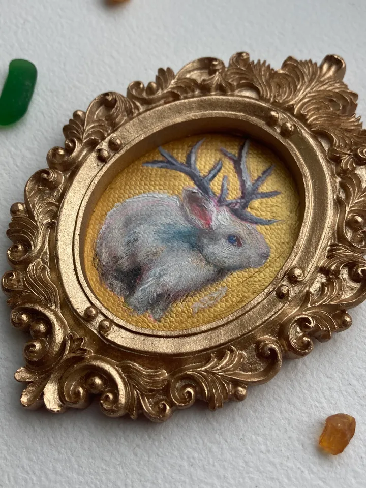 Jackalope Painting Small Original Framed Art Cryptid Gifts Mini Gold Framed Decor, Fairy Creatures Art, Tiny Art Whimsigoth Decor