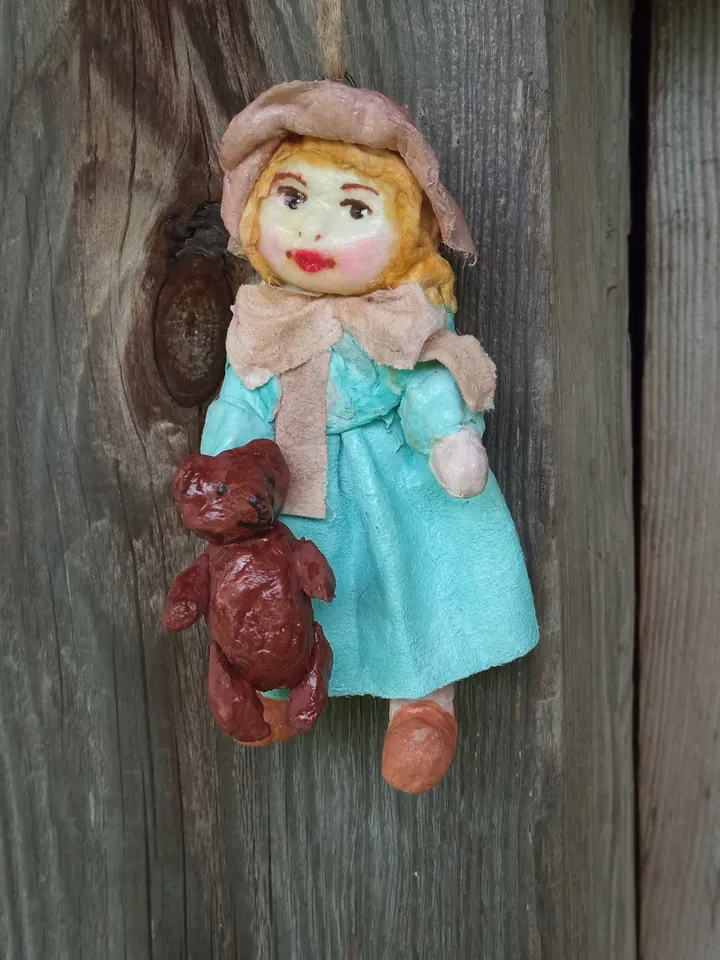 Small handmade doll made of cotton wool Girl with a teddy bear. Original decoration for the Christmas tree. DIY Christmas decor. Family souvenir. Home decoration. Unique gift DIY Free shipping
