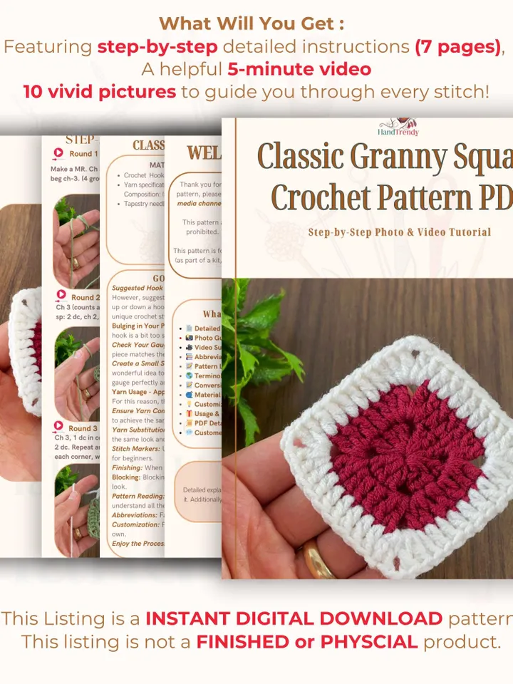 Two Color Solid Granny Square Crochet Pattern PDF for Beginners, Easy Crochet Motif Tutorial, DIY Blanket Patch, Instant Download Pattern