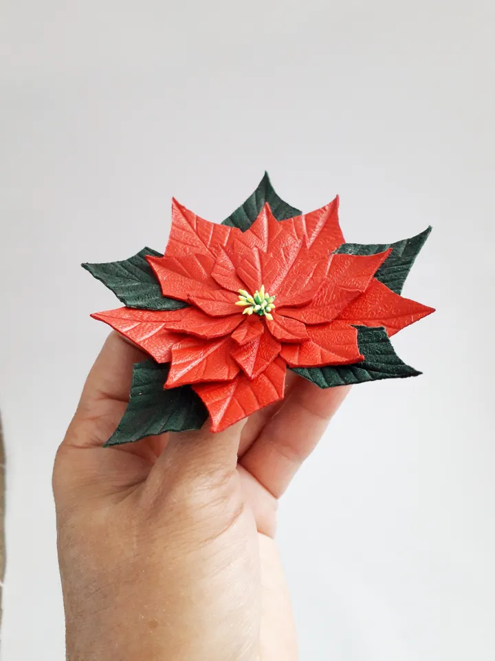 Red poinsettia leather brooch 3rd anniversary gift for wife, Leather women's jewelry