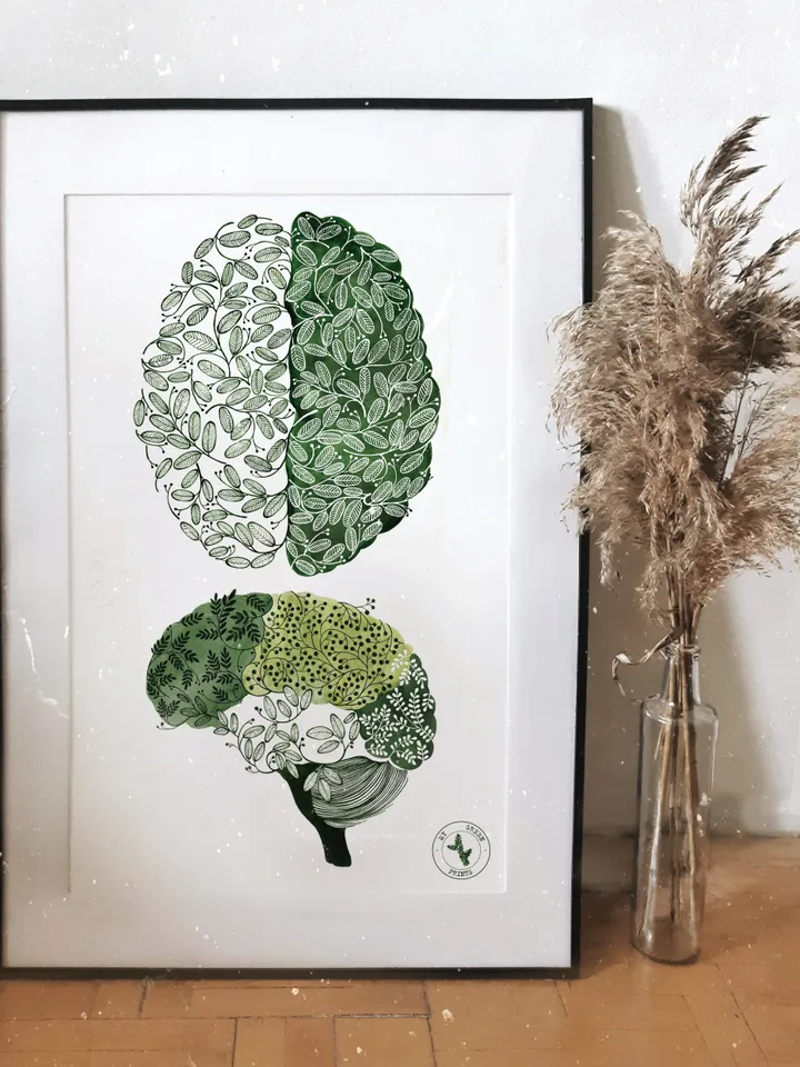 Watercolor poster "USE IT", green brain illustration