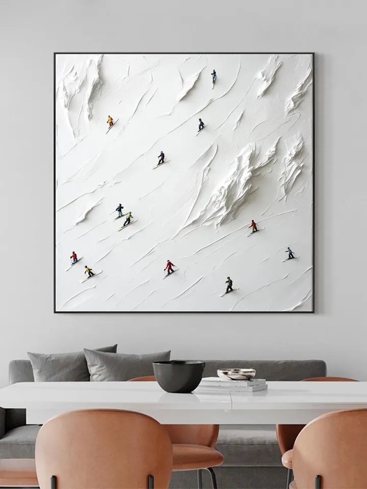 Skiers on the Slopes, 3D Impasto Winter Sports Art, Textured White Mountain Painting, Miniature Skiers Decor, Unique Gift for Ski Lovers