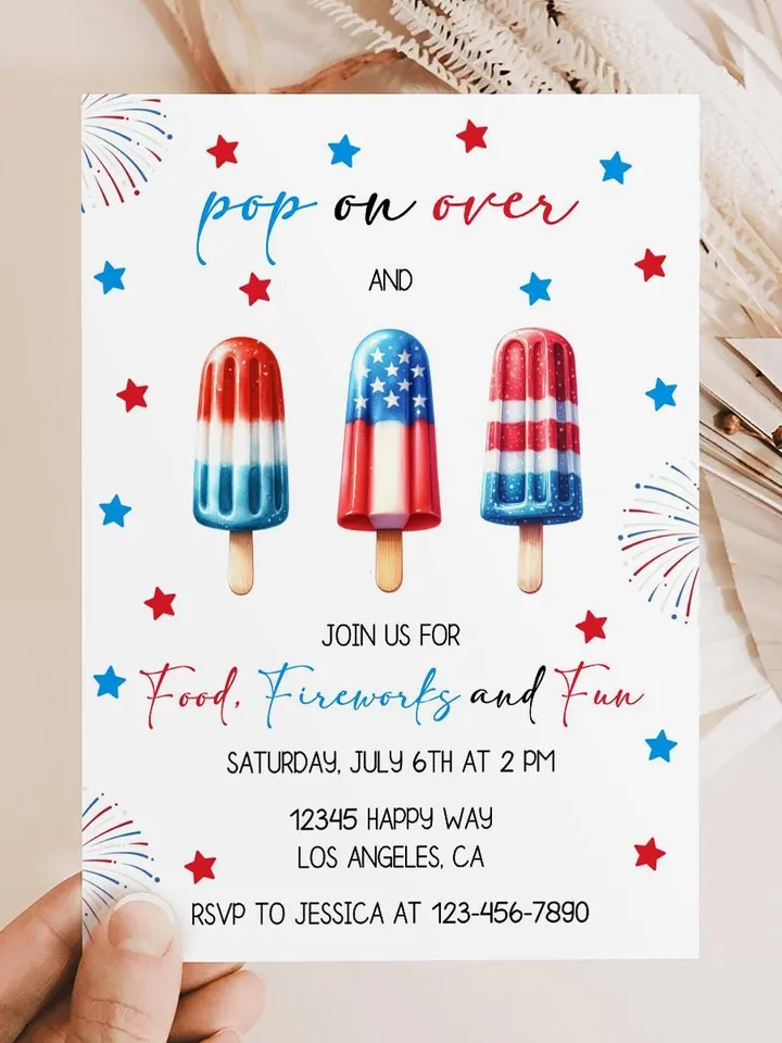 4th of July Invitation, Independence Day party Invite, Popsicles Pop on Over Invitation, Patriotic Party Invitation, Editable Canva Template