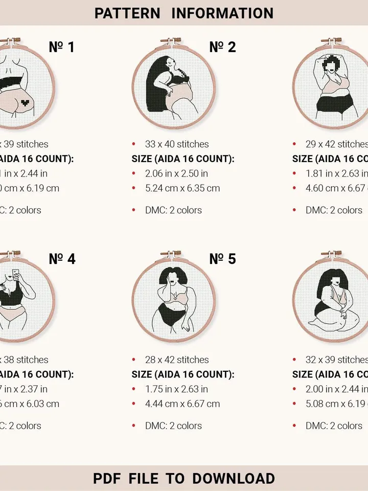 Bundle of 6 mini woman body art Cross stitch patterns, contemporary, Abstract, beginner counted, modern chart, DIY, embroidery, instant PDF