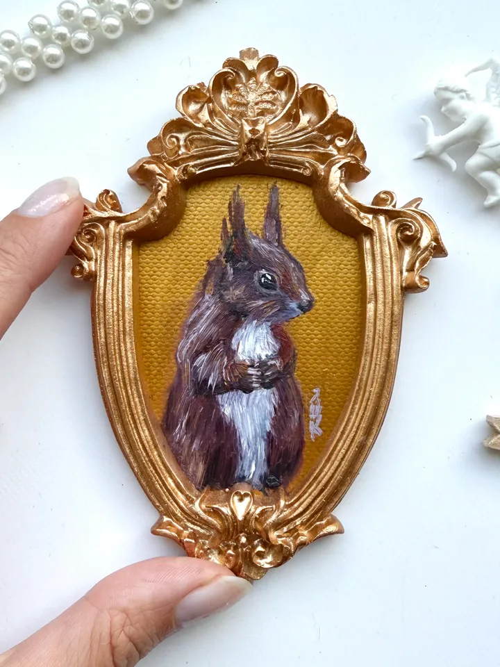 Framed Squirrel Oil Painting Original Wild Animals Art Cute North Squirrel Painting Gold Frame Victorian Painting