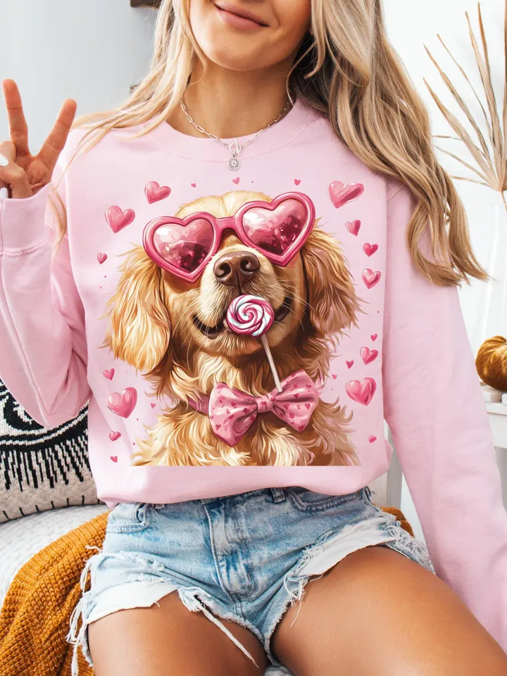 Valentine Dog Lovers png, Golden with heart-shaped glasses, Valentine png, Preppy valentine png, Watercolor Dog Coquette png, Dog Mom png
