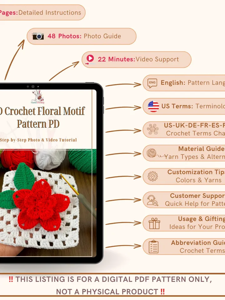 3D Crochet Granny Square Pattern PDF with Red Textured Bloom, DIY Afghan Blanket Motif, Instant Digital Download