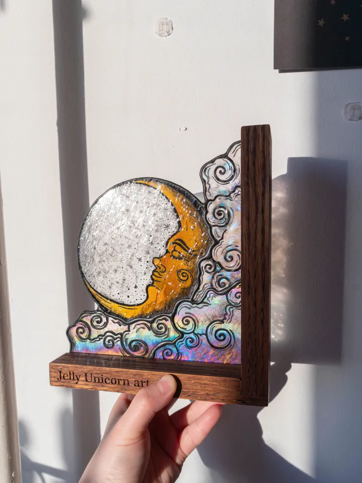 Stained glass bookends with moon and sun, Celestial home decor, Moon Tarot Art