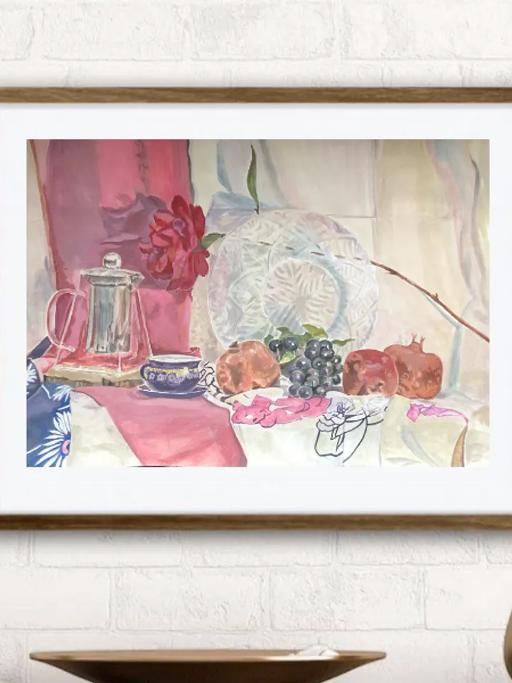 Original gouache painting still life with pomegranates and grapes wall art 11.6 x 16.4'' inches
