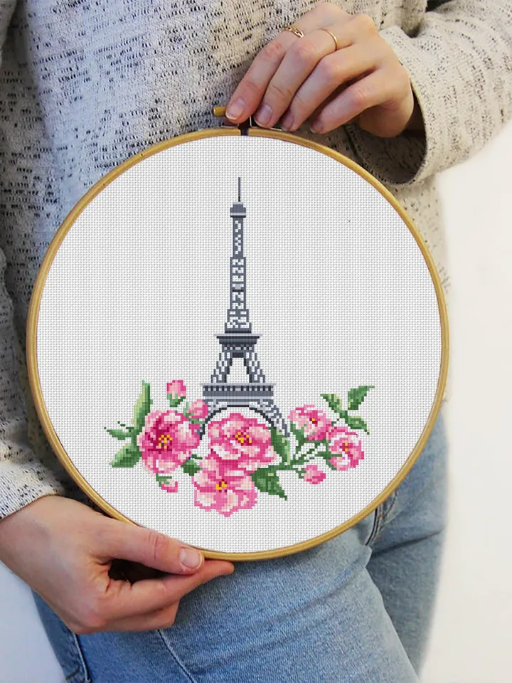 Eiffel Tower cross stitch pattern PDF download Sakura flowers cross stitch Spring beginner stitch Modern France embroidery Paris decor #E3