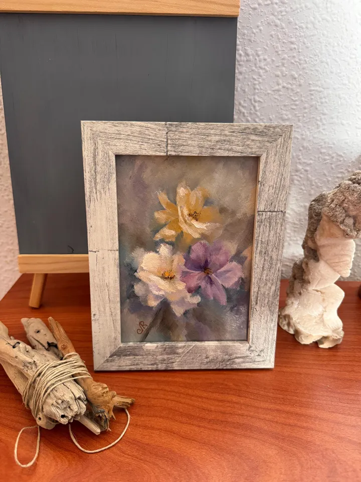 Flowers Original Painting Framed Painting Shabby Chic Painting Floral Wall Art