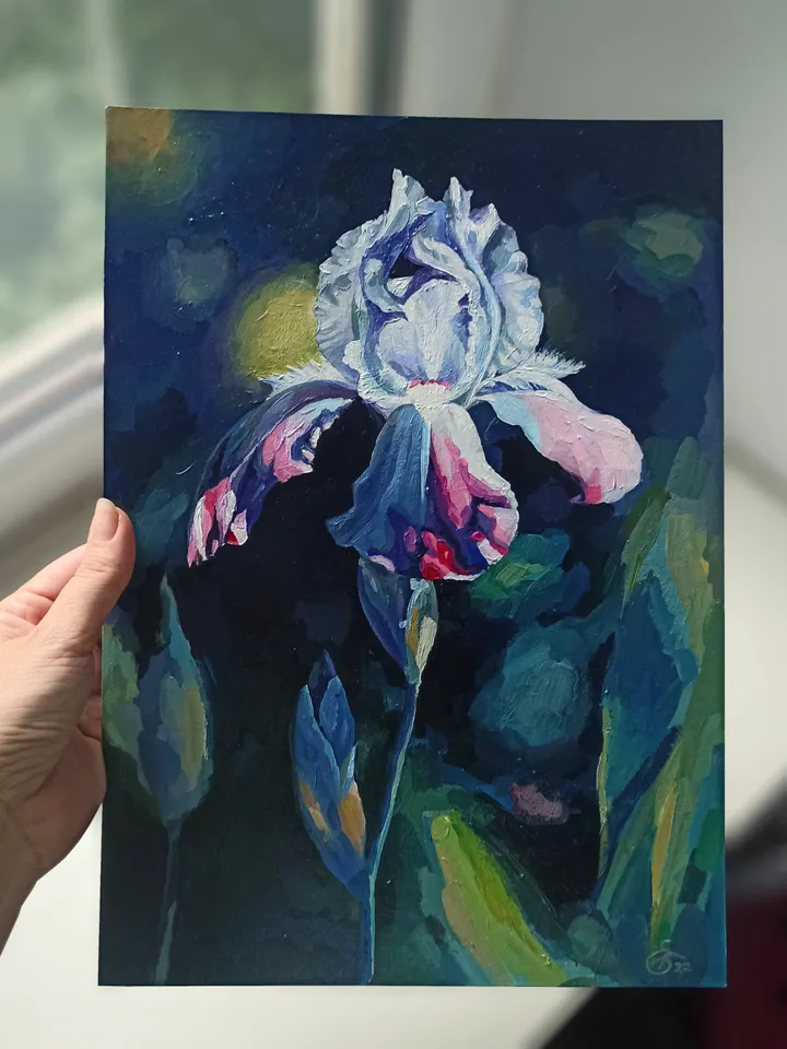 Painting with garden flowers, "Iris flower", original acrylic painting on cardboard 35x25cm