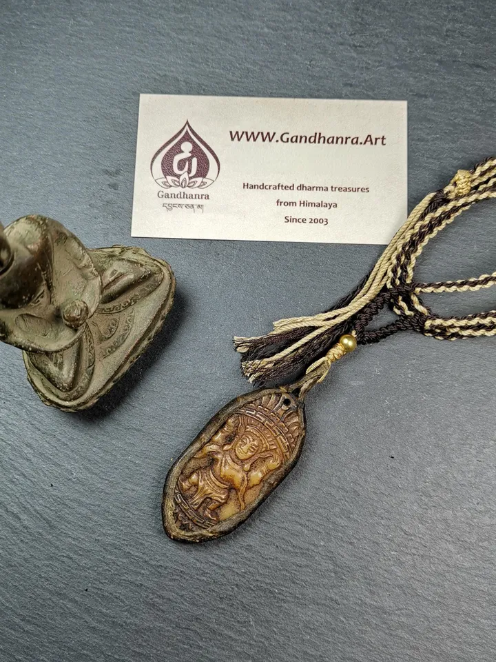 Mysterious Tibetan Buddha Statue Amulet,Gandhanra Old Tibetan Yak Bone Carved Pendant,70×29mm