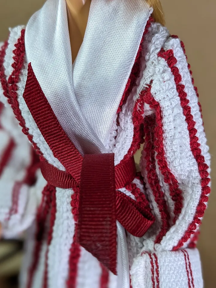 Handmade white & hot red terry bathrobe for 1/6 scale fashion female dolls