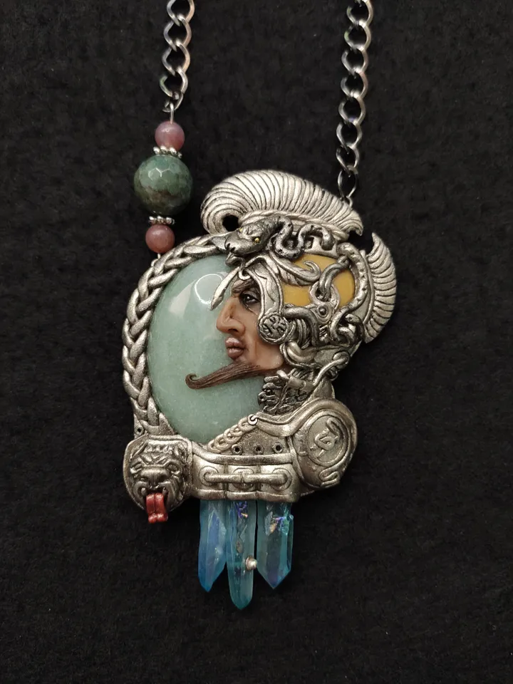 Aztec Warrior Necklace, Warrior Cameo, Aventurine Necklace, Silver Art Necklace