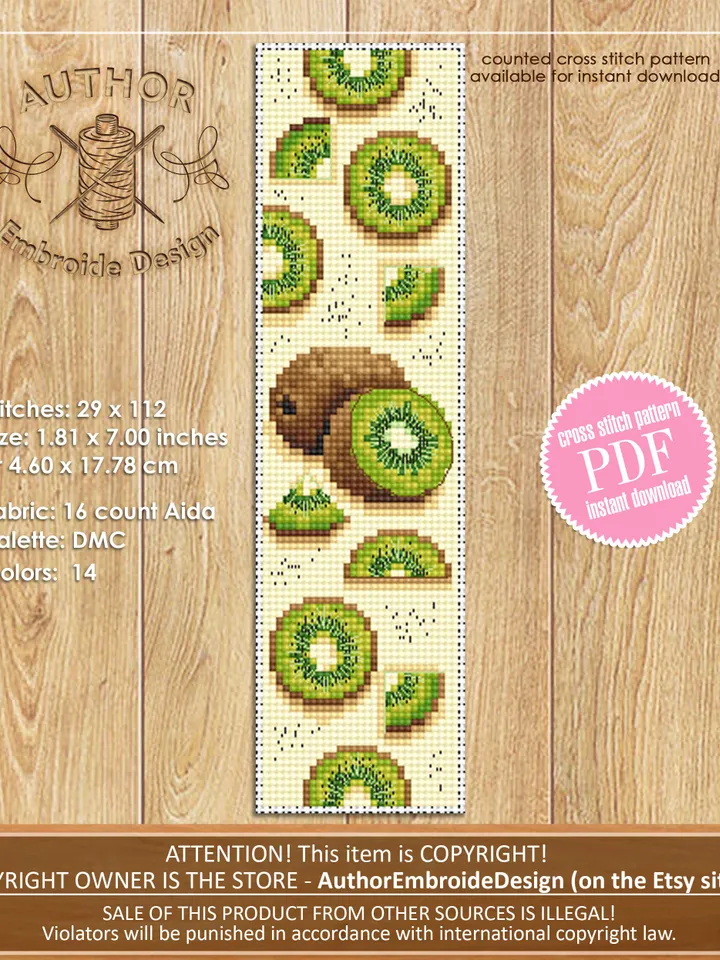 Bookmark kiwi fruit cross stitch pattern PDF download Summertime bookmark for kids, Handmade bookmark cross stitch Kiwi embroidery PDF #B142