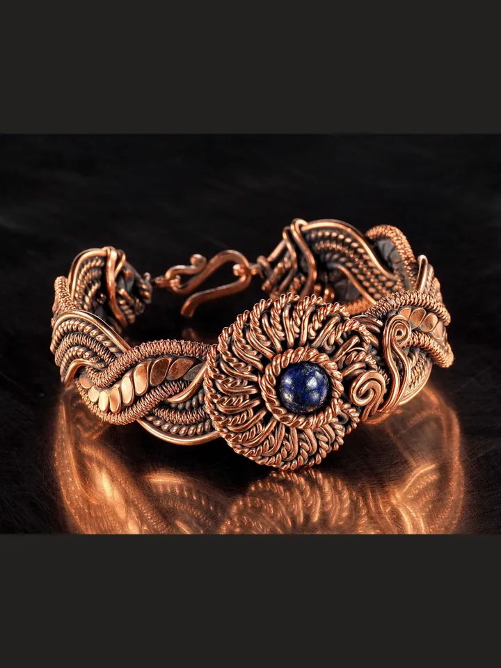Copper wire wrapped Lapis lazuli bracelet for woman, Statement flower jewelry, 7th Anniversary gift for her woman, Unique copper jewelry, Braided Art Nouveau antique style bracelet, Oxidized pure copper, Handmade