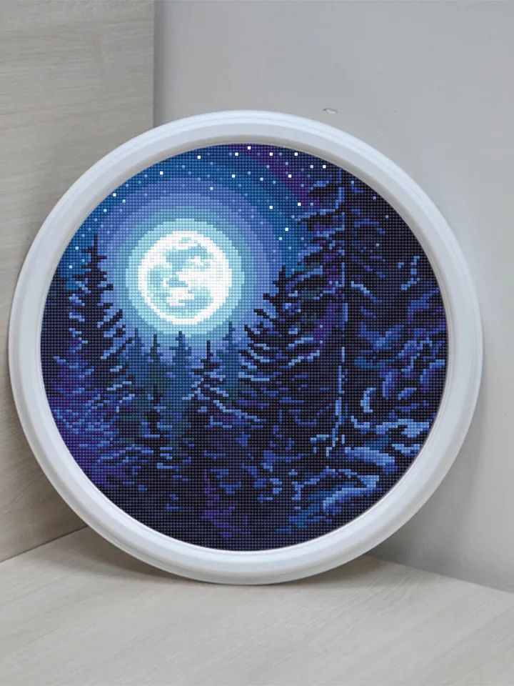 Nature cross stitch pattern download PDF Night landscape embroidery beginners Forest cross stitch Starry night sky Moon cross stitch #L19