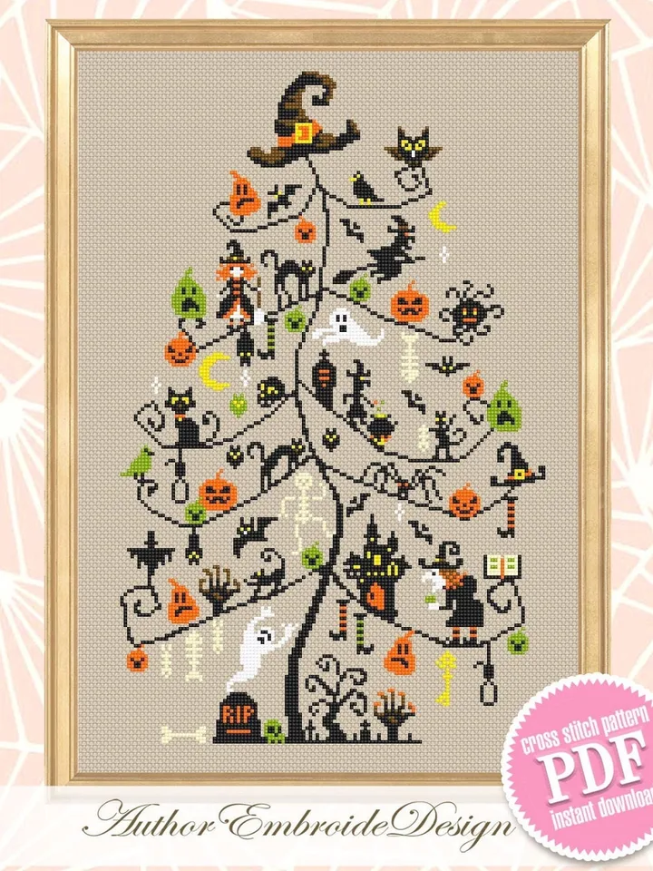 Halloween Christmas tree cross stitch pattern PDF download Witch cross stitch chart, Halloween pattern digital PDF Scary Christmas gift #H68