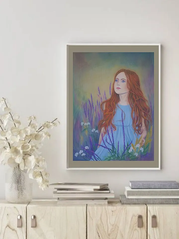 Girl Painting Lavender Original Art Red haired Girl Woman Soft Pastel Painting