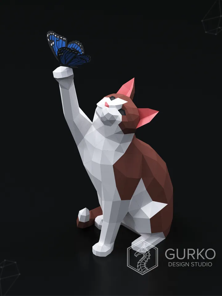 Papercraft Cat With Butterfly, Digital Template, PDF Download, Gurko, LowPoly, Pepakura, Origami Sculpture, Paper Party Decoration, DIY Gift