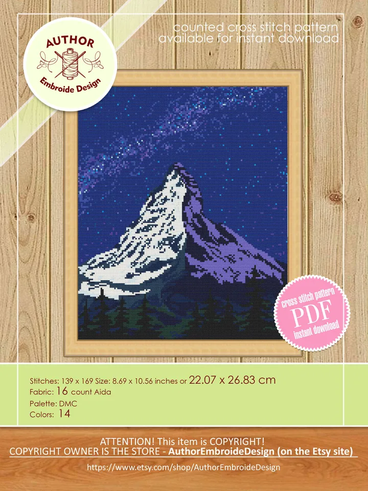 Mount Everest cross stitch pattern download PDF Mountain landscape cross stitch chart Nature beginner stitch Starry night sky digital #L32