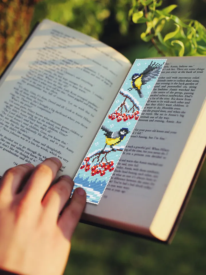 Bookmark winter birds cross stitch pattern download PDF Handmade bookmark tits embroidery beginners Winter holiday cross stitch sampler #B40