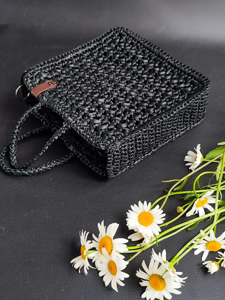 Black Handmade Raffia Crochet Bag - Stylish Womens Accessory for Any Occasion
