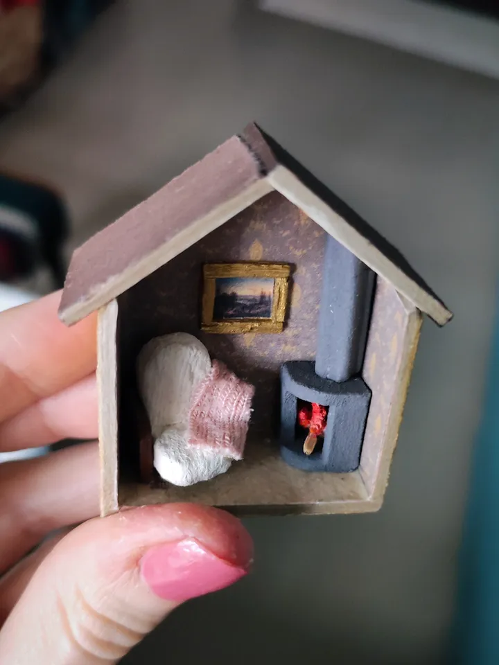 Micro Hall with Fireplace Miniature Doll House With Furniture scale 1/100