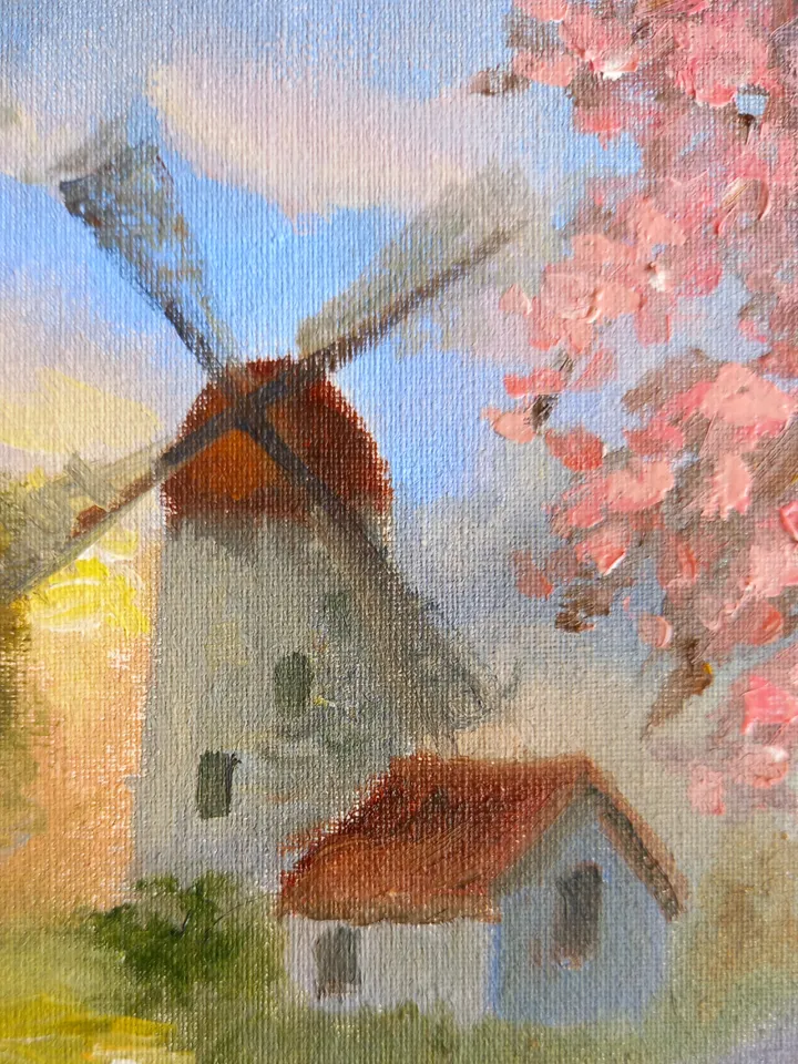 Windmill landscape original oil painting 10x15 cm in a frame