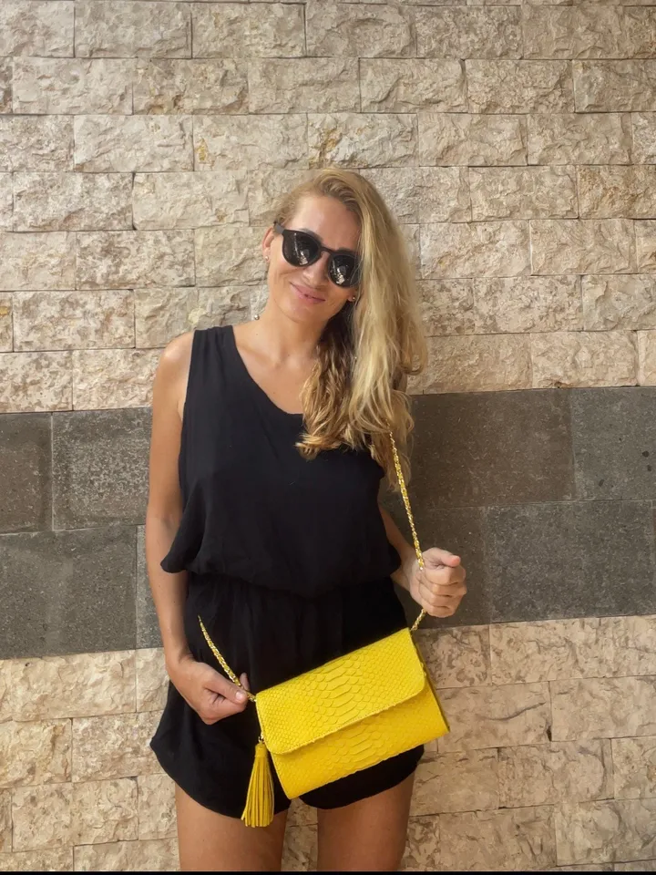 Genuine python skin classy yellow flat clutch with shoulder chain | elegant evening women purse | designer leather bags | small snake bag