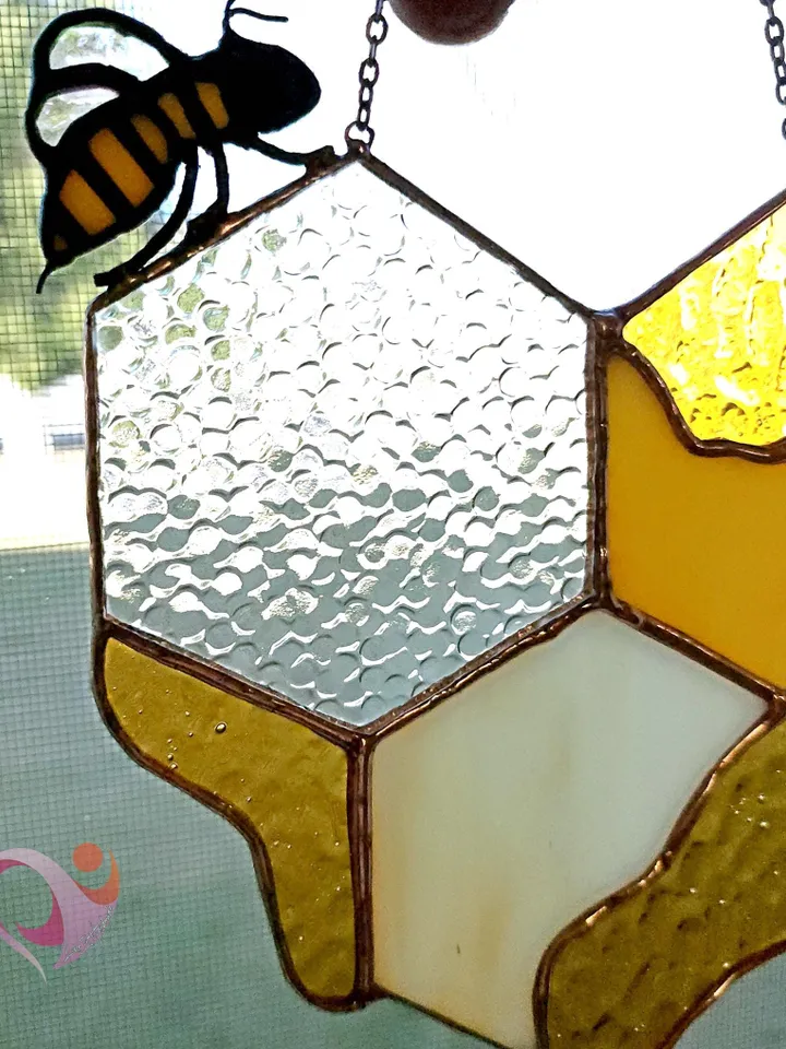 Real Stained Glass Honeycomb Suncatcher with Bee on Heart-Shaped Drippy Honeycomb with Glass Honey Drop Unique Gift for Bee Lover